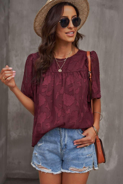 Round Neck Puff Sleeve Blouse - VILLA FASHION