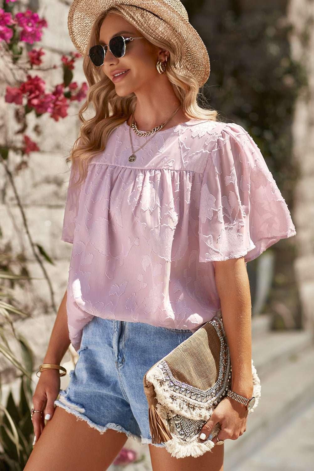 Round Neck Puff Sleeve Blouse - VILLA FASHION