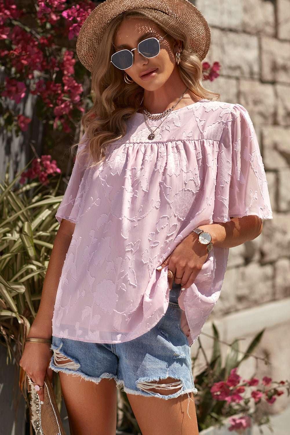 Round Neck Puff Sleeve Blouse - VILLA FASHION