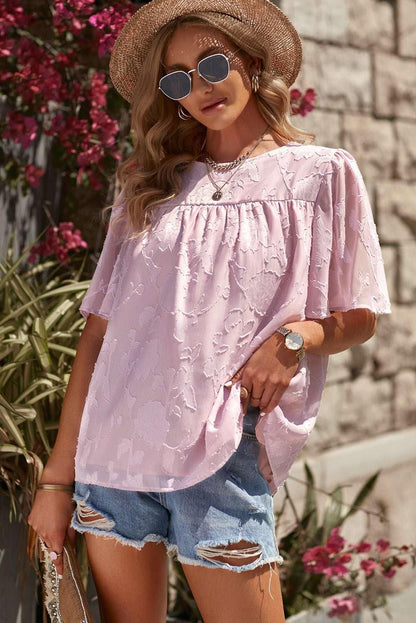 Round Neck Puff Sleeve Blouse - VILLA FASHION