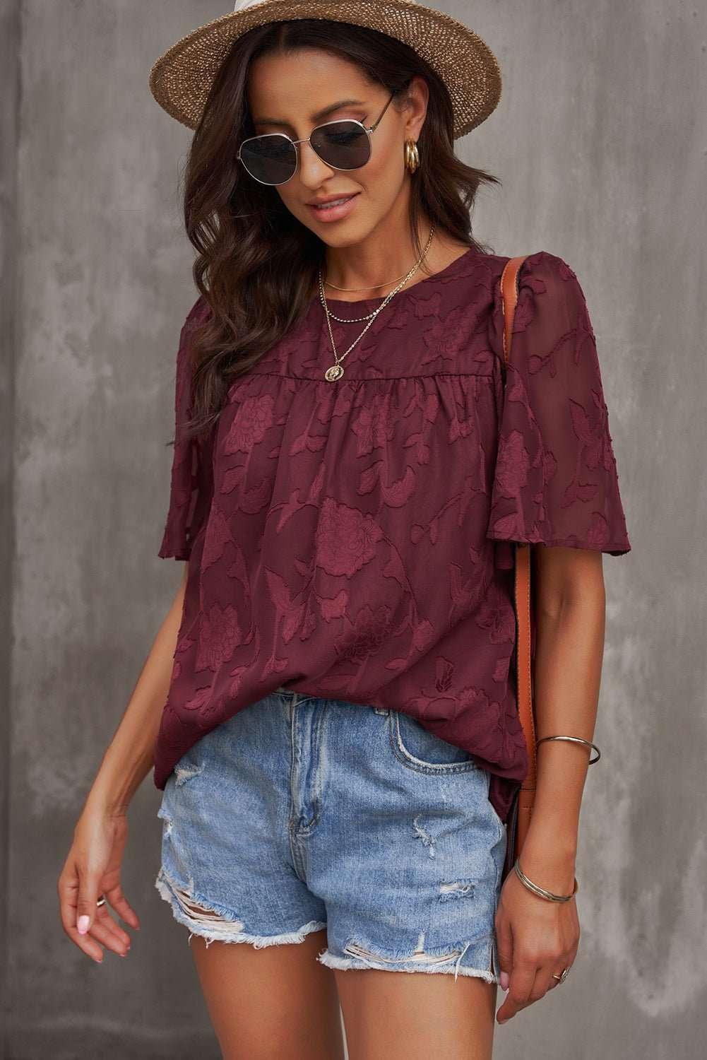 Round Neck Puff Sleeve Blouse - VILLA FASHION