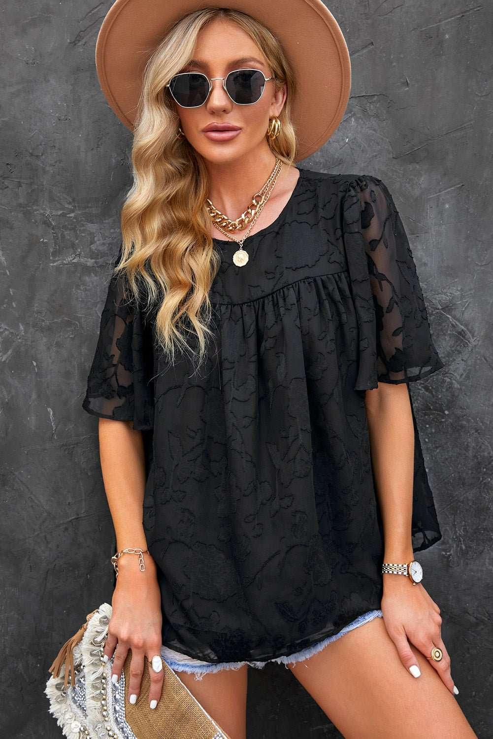 Round Neck Puff Sleeve Blouse - VILLA FASHION