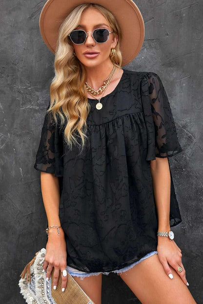 Round Neck Puff Sleeve Blouse - VILLA FASHION