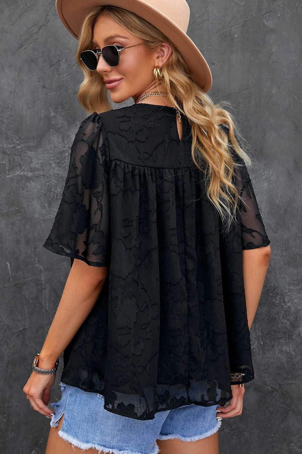 Round Neck Puff Sleeve Blouse - VILLA FASHION