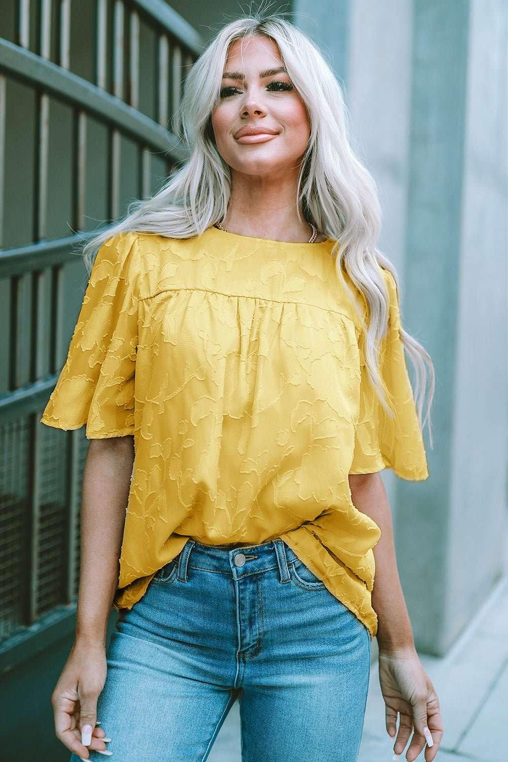 Round Neck Puff Sleeve Blouse - VILLA FASHION