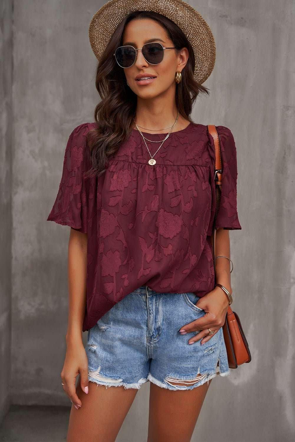 Round Neck Puff Sleeve Blouse - VILLA FASHION