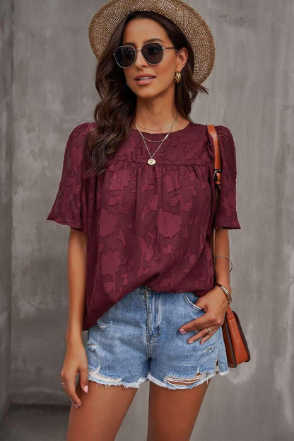 Round Neck Puff Sleeve Blouse - VILLA FASHION