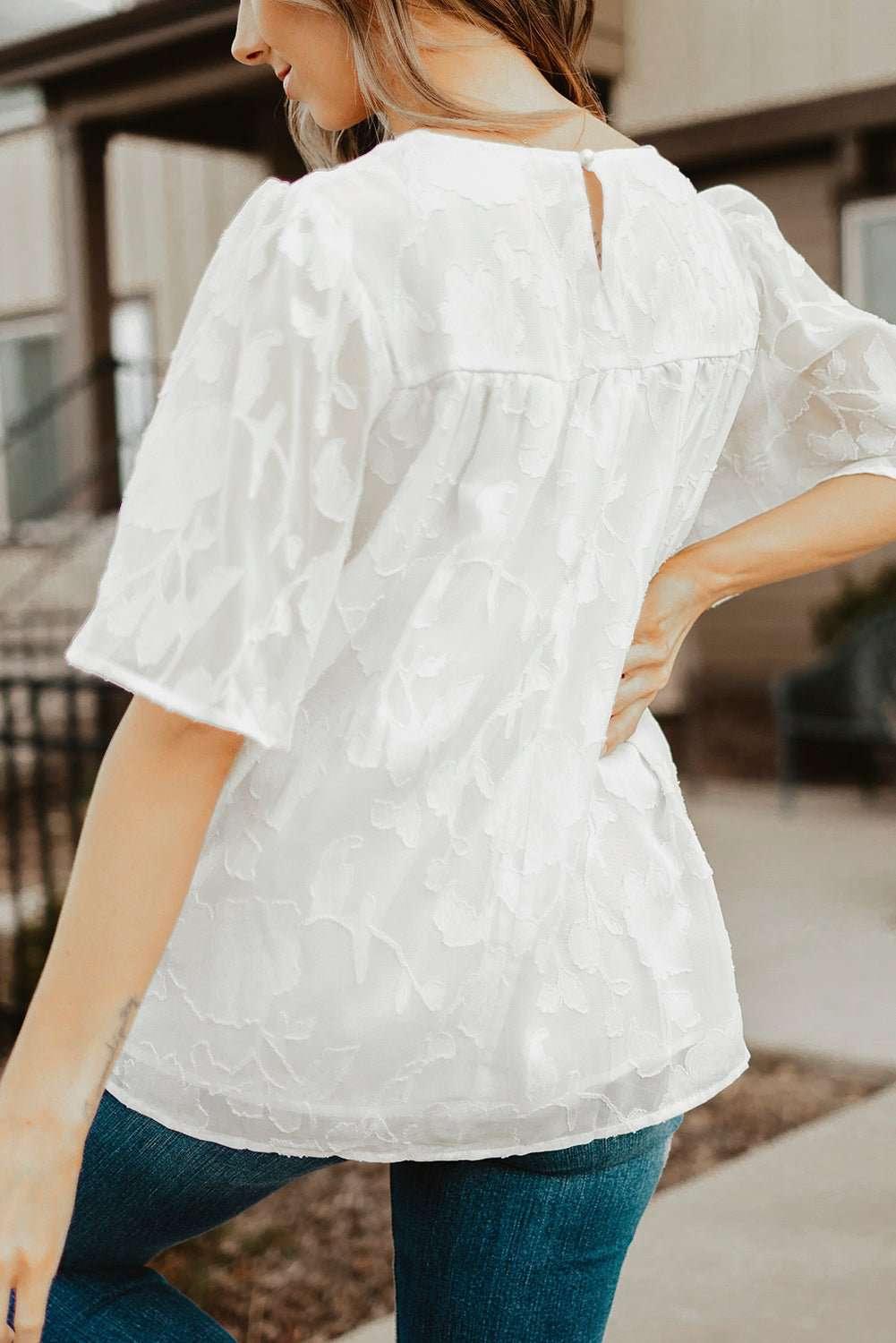 Round Neck Puff Sleeve Blouse - VILLA FASHION