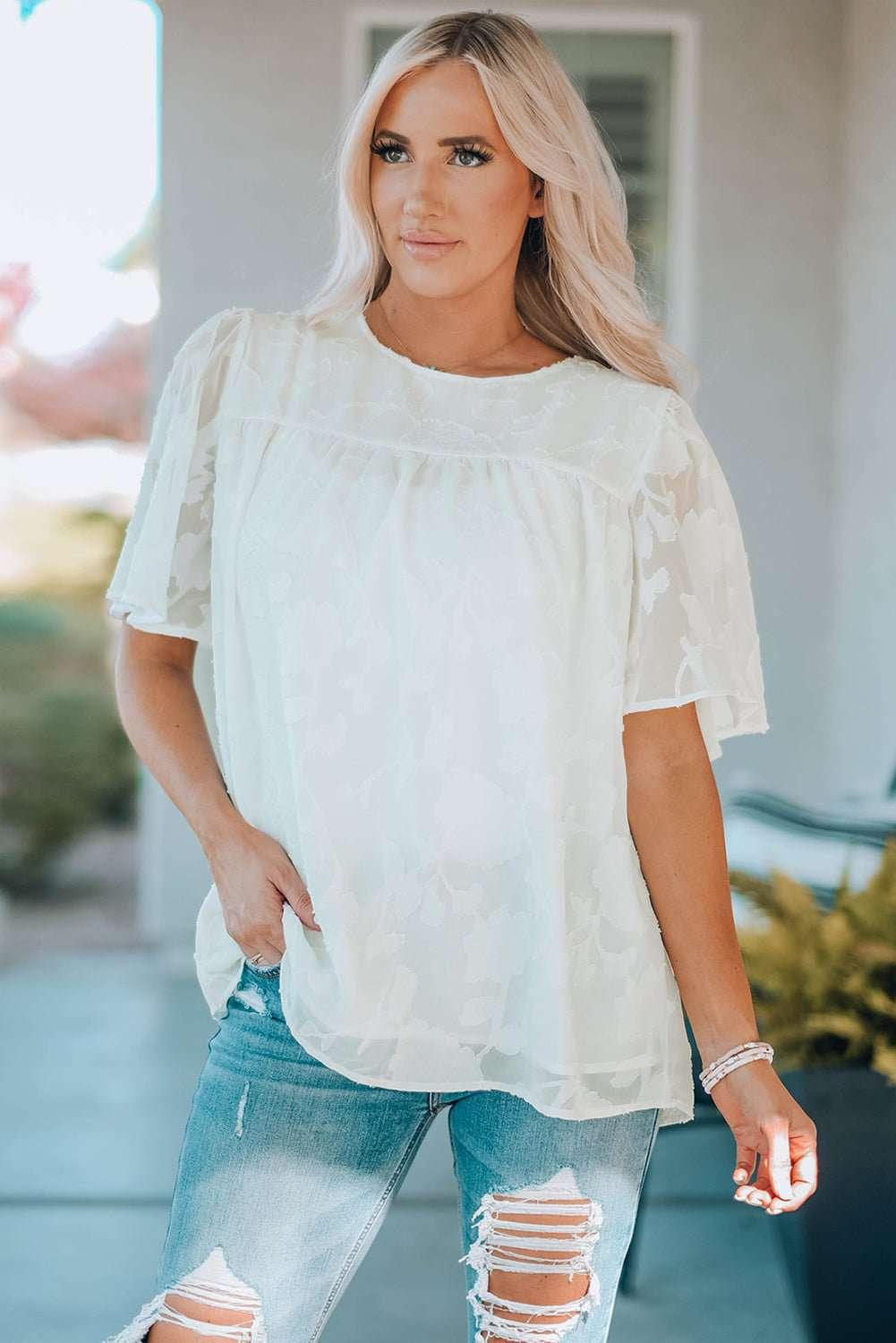 Round Neck Puff Sleeve Blouse - VILLA FASHION
