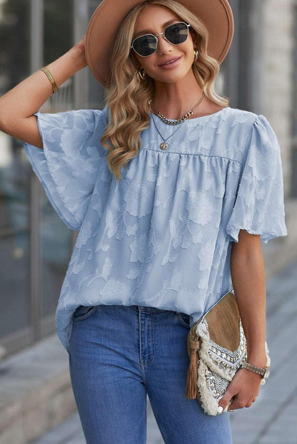 Round Neck Puff Sleeve Blouse - VILLA FASHION