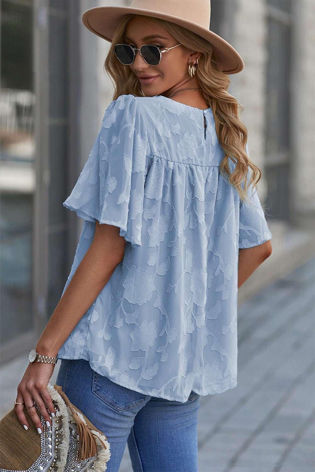 Round Neck Puff Sleeve Blouse - VILLA FASHION
