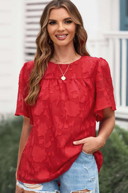 Round Neck Puff Sleeve Blouse - VILLA FASHION