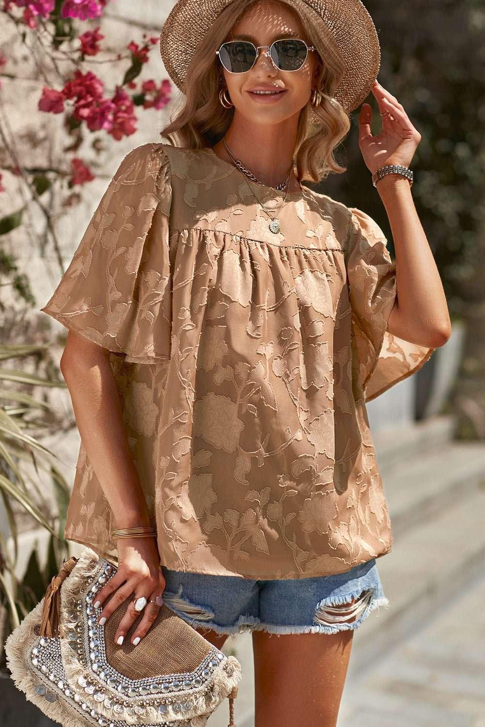Round Neck Puff Sleeve Blouse - VILLA FASHION