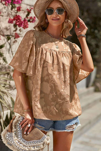 Round Neck Puff Sleeve Blouse - VILLA FASHION