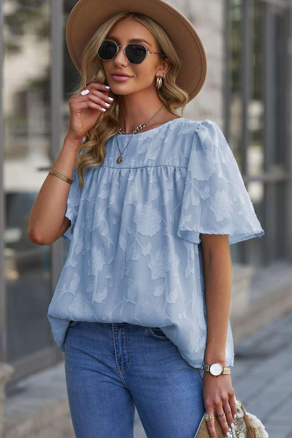 Round Neck Puff Sleeve Blouse - VILLA FASHION