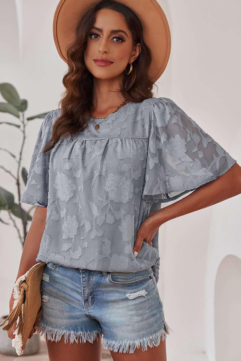 Round Neck Puff Sleeve Blouse - VILLA FASHION