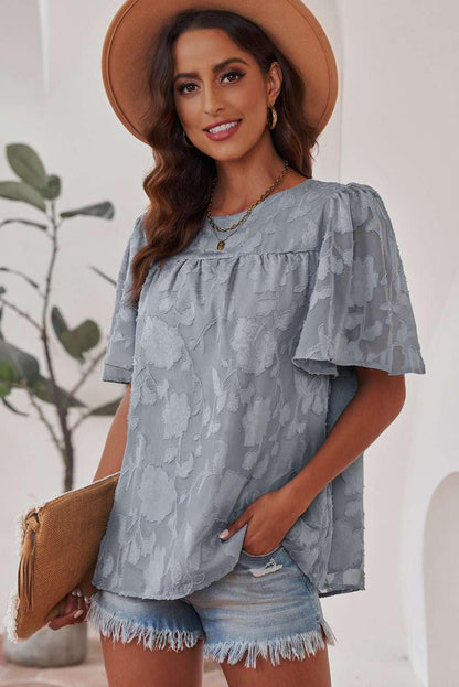 Round Neck Puff Sleeve Blouse - VILLA FASHION
