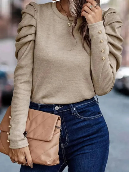Round Neck Puff Sleeve Sleeve Blouse - VILLA FASHION
