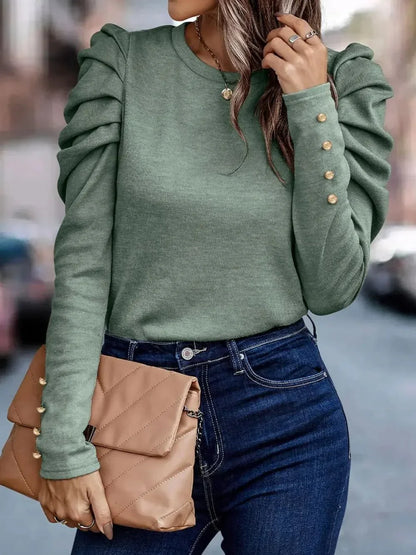 Round Neck Puff Sleeve Sleeve Blouse - VILLA FASHION