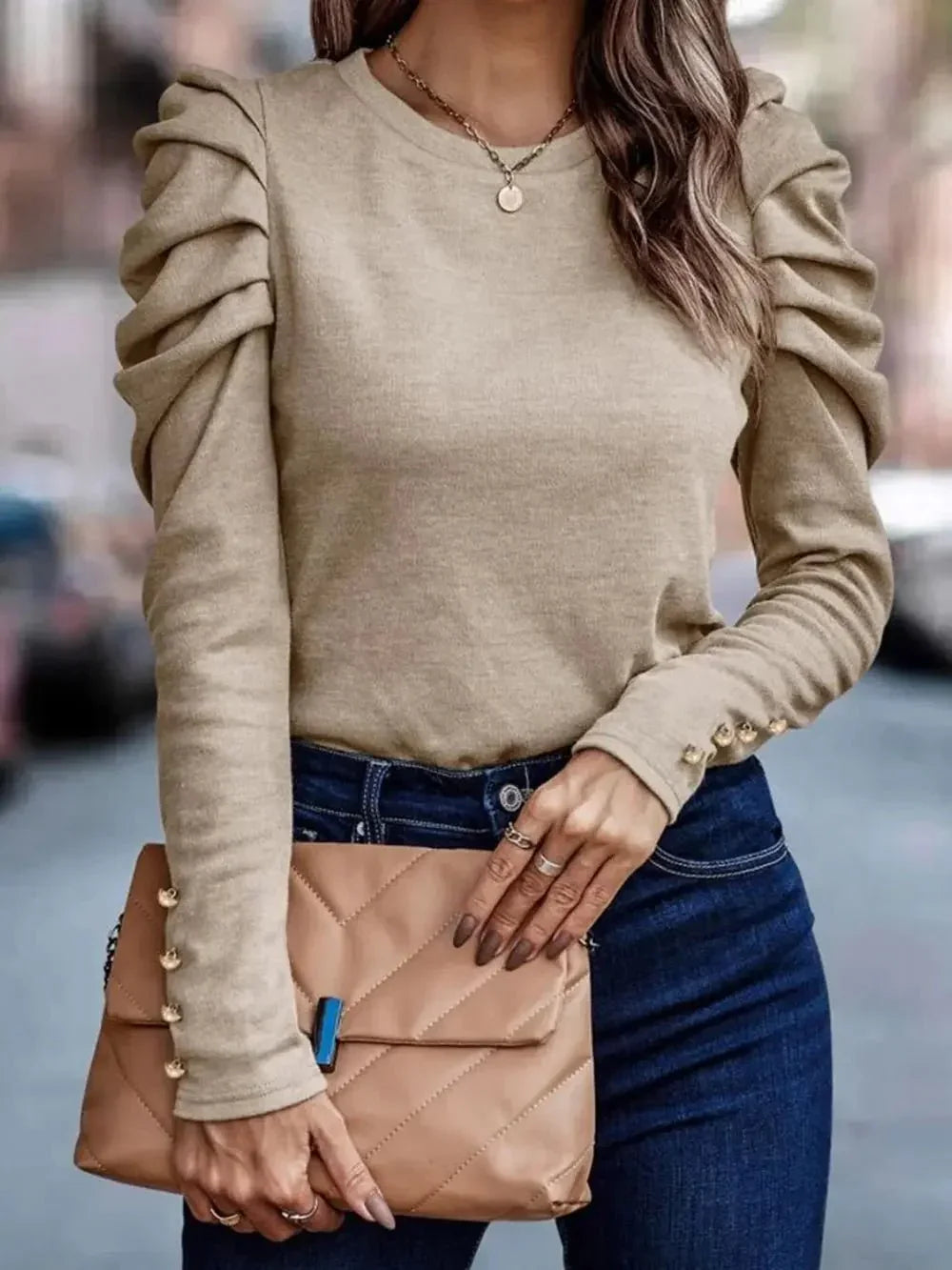 Round Neck Puff Sleeve Sleeve Blouse - VILLA FASHION