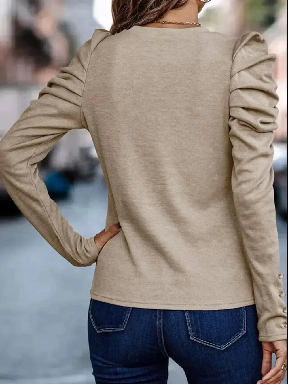 Round Neck Puff Sleeve Sleeve Blouse - VILLA FASHION