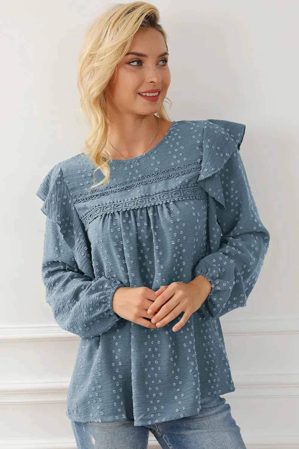Round Neck Ruffled Blouse - VILLA FASHION