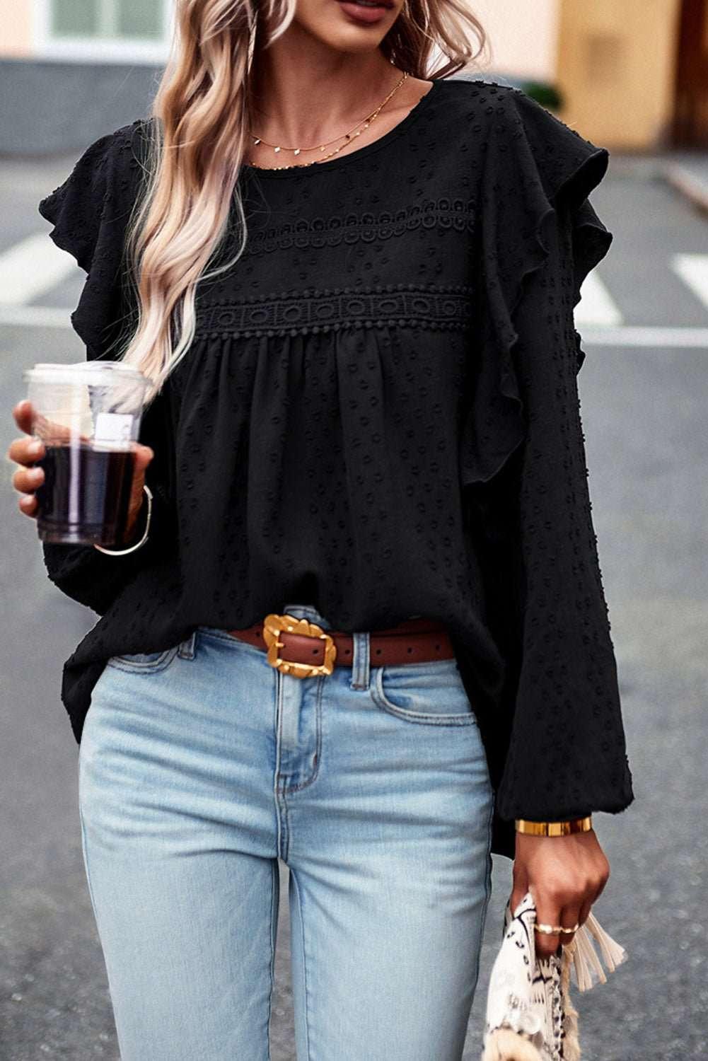 Round Neck Ruffled Blouse - VILLA FASHION