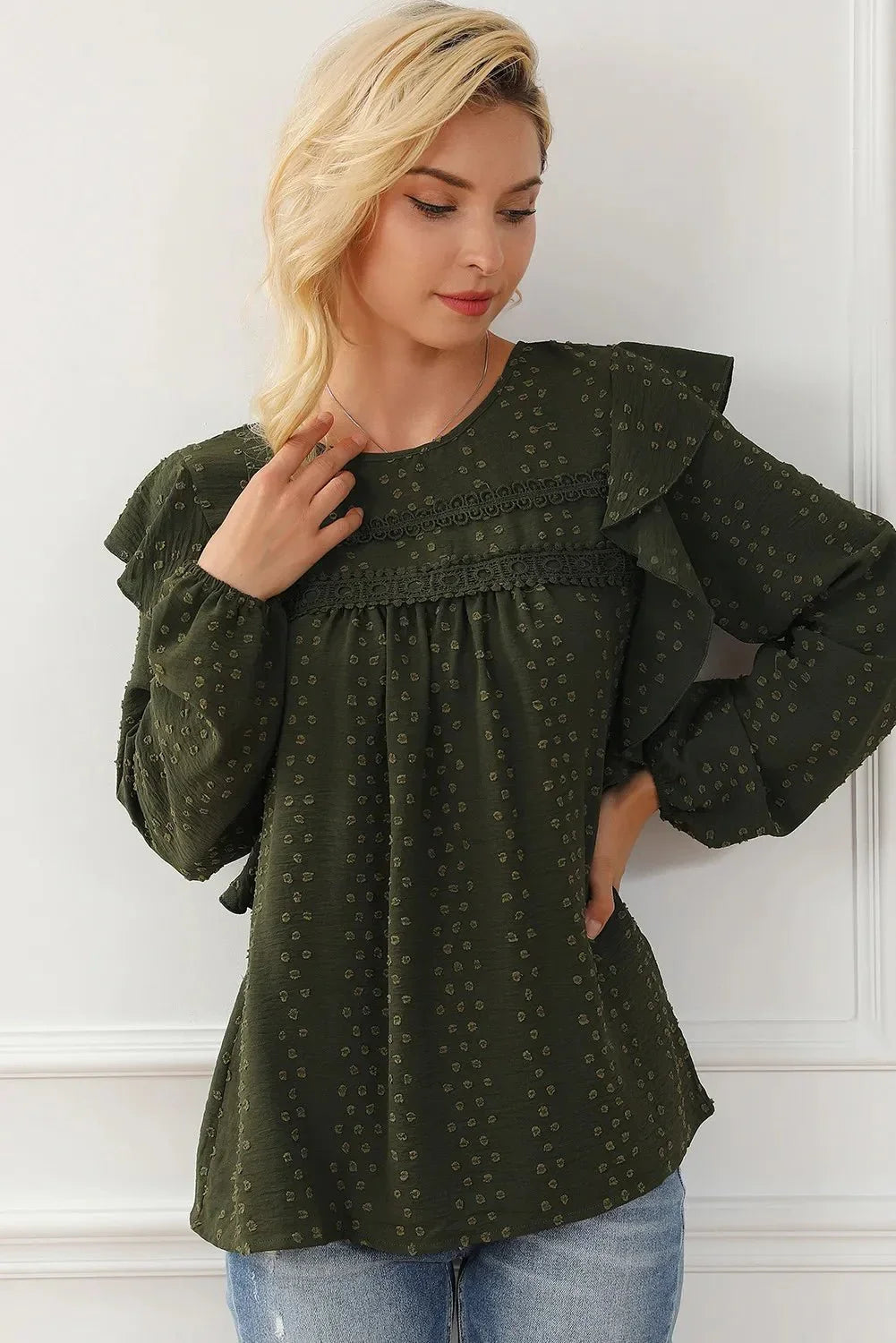 Round Neck Ruffled Blouse - VILLA FASHION