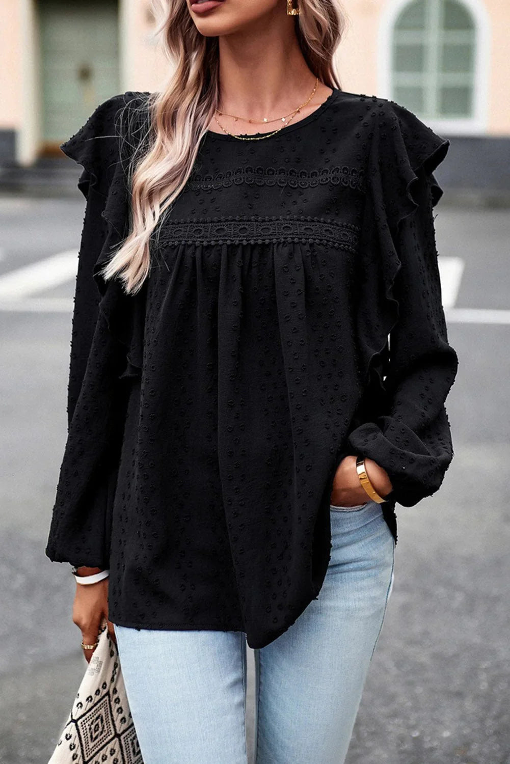 Round Neck Ruffled Blouse - VILLA FASHION