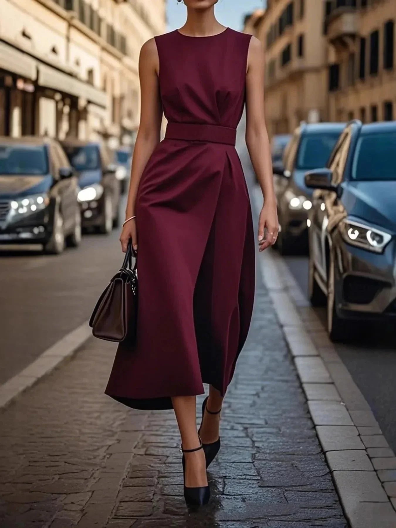 Round Neck Sleeveless Midi Dress - VILLA FASHION