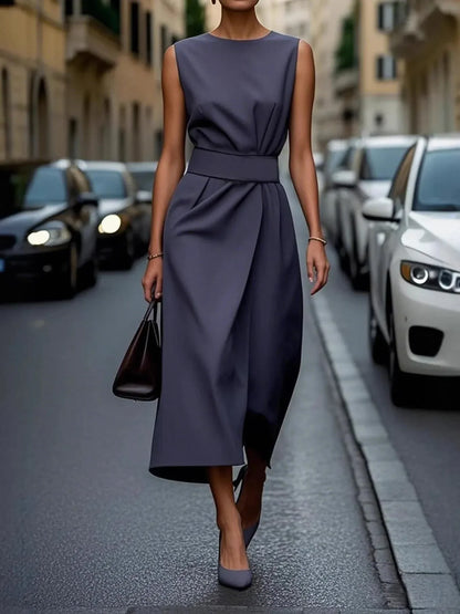 Round Neck Sleeveless Midi Dress - VILLA FASHION