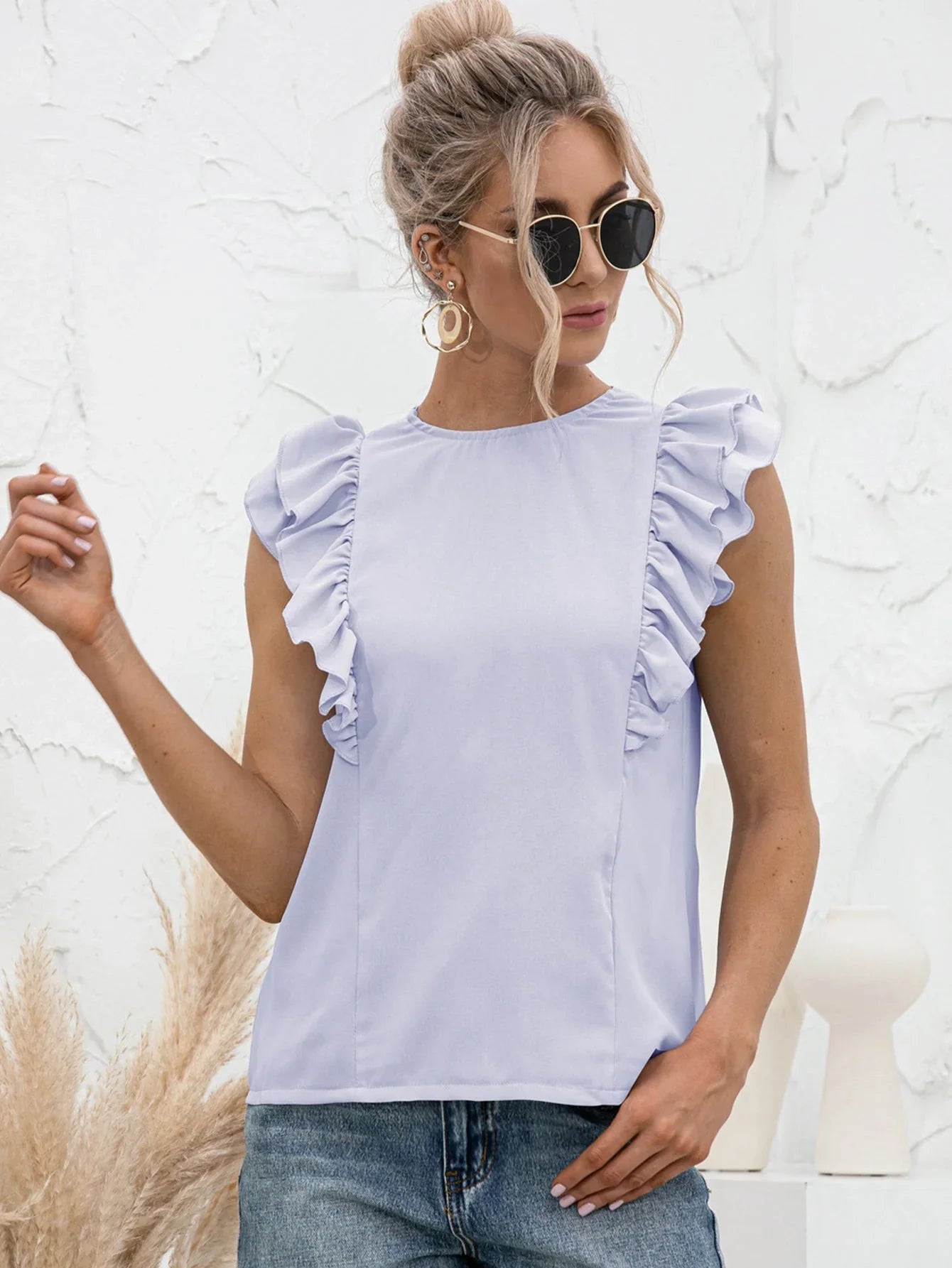 Round Neck Tied Open Back Flutter Sleeve Top - VILLA FASHION