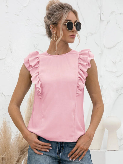 Round Neck Tied Open Back Flutter Sleeve Top - VILLA FASHION