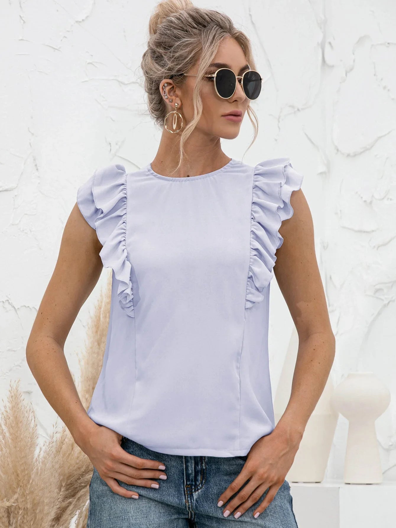 Round Neck Tied Open Back Flutter Sleeve Top - VILLA FASHION