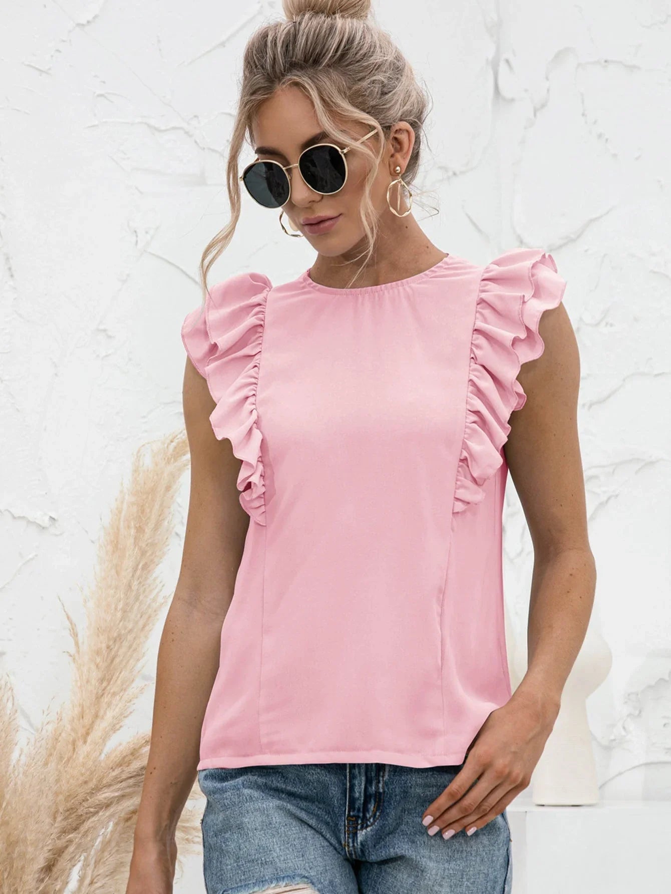 Round Neck Tied Open Back Flutter Sleeve Top - VILLA FASHION