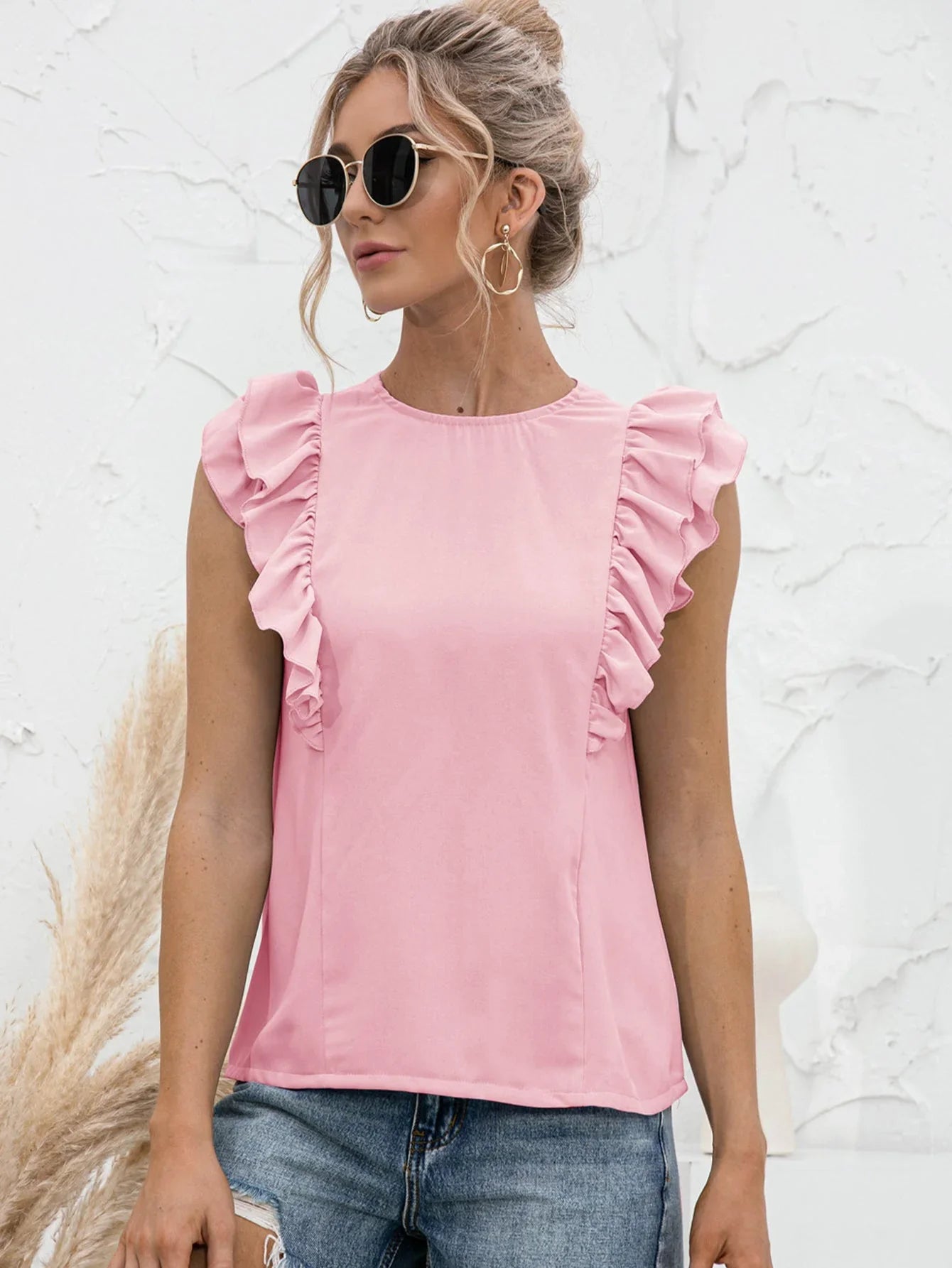 Round Neck Tied Open Back Flutter Sleeve Top - VILLA FASHION