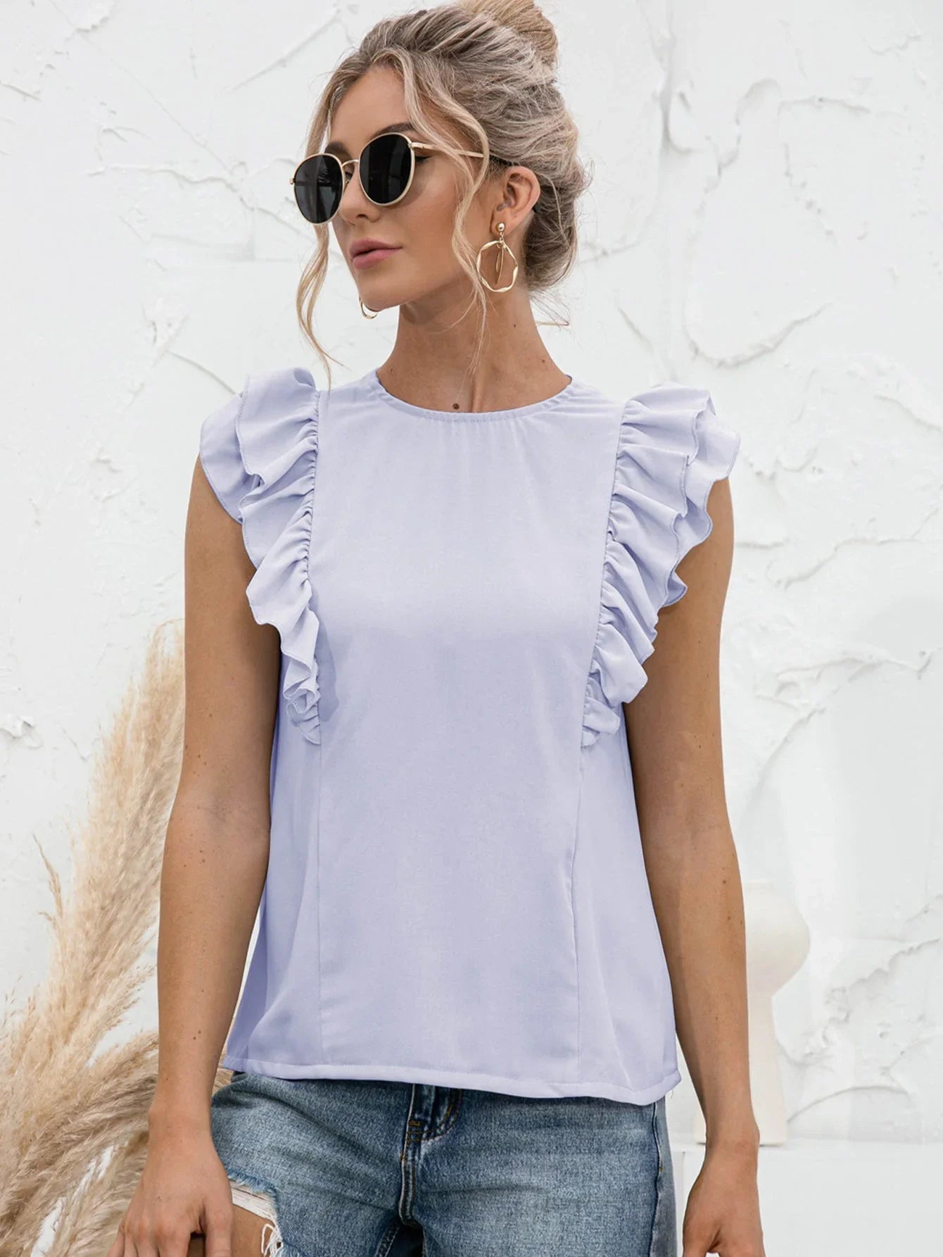 Round Neck Tied Open Back Flutter Sleeve Top - VILLA FASHION