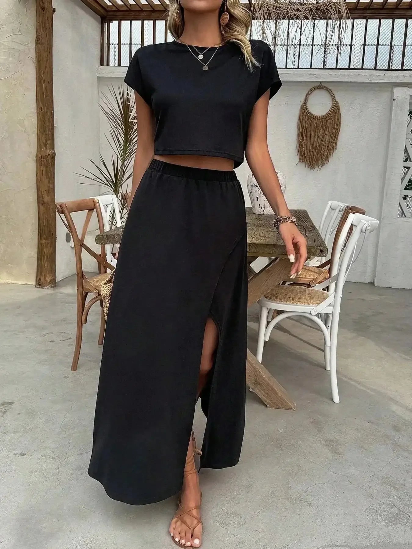 Round Neck Top and Slit Skirt Set - VILLA FASHION