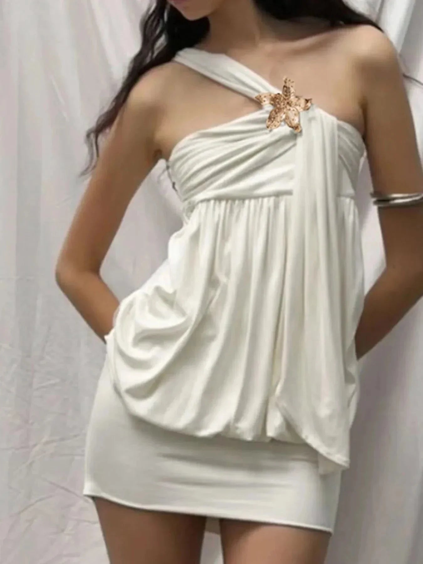 Ruched One - Shoulder Mini Dress - VILLA FASHION