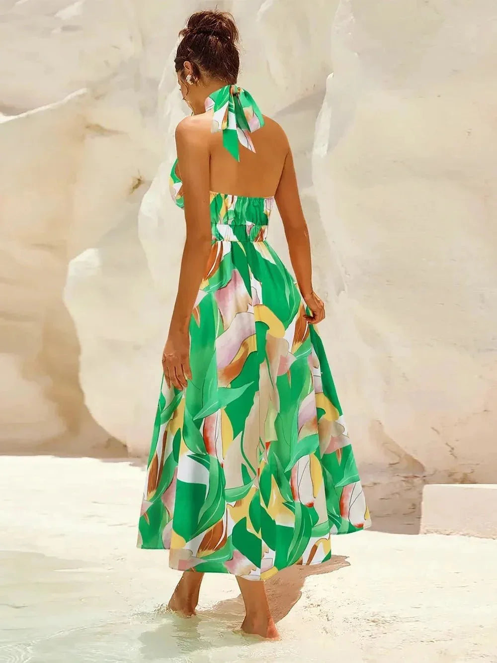 Ruched Printed Halter Neck Dress - VILLA FASHION