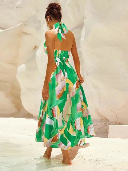 Ruched Printed Halter Neck Dress - VILLA FASHION