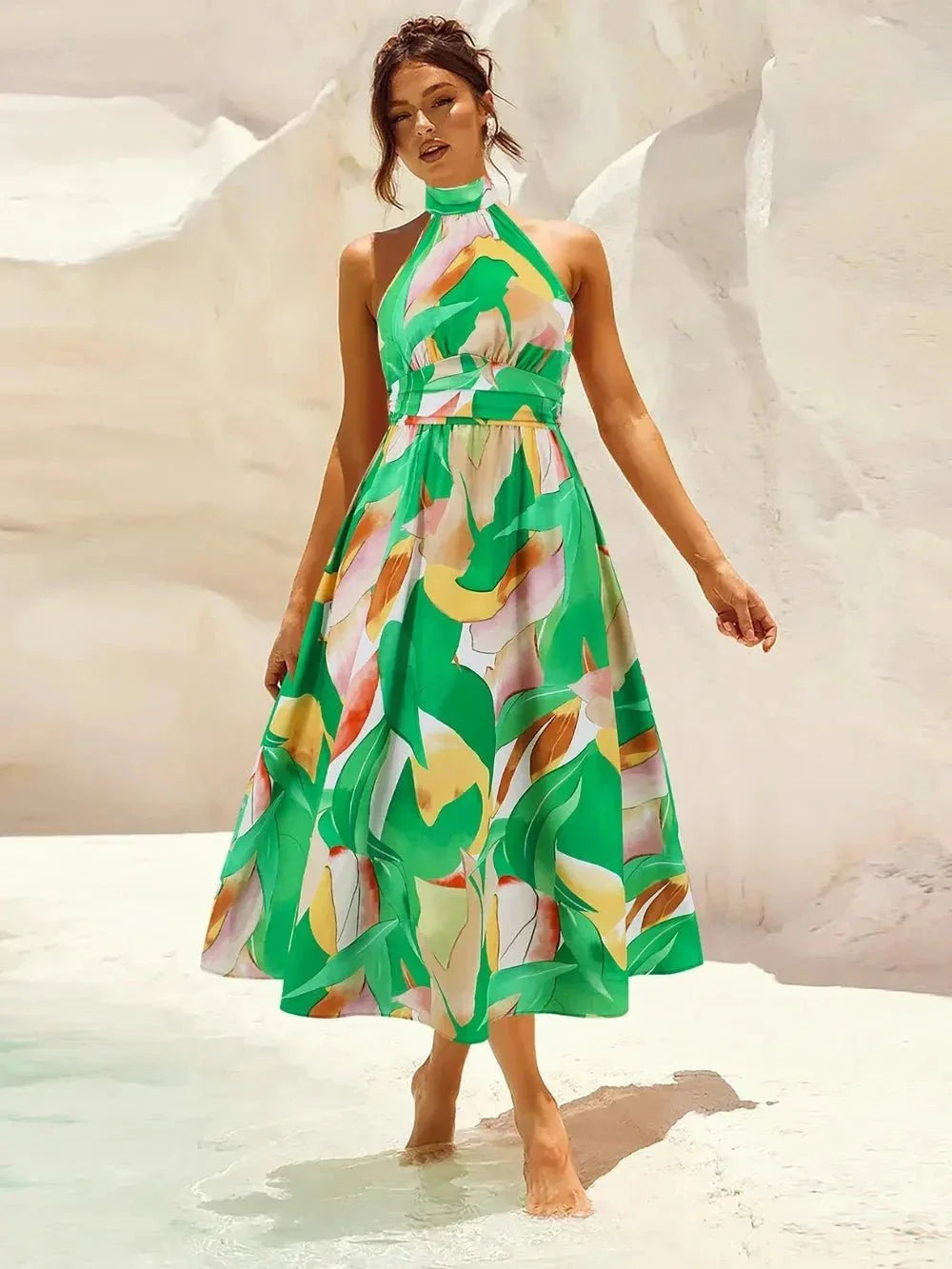 Ruched Printed Halter Neck Dress - VILLA FASHION