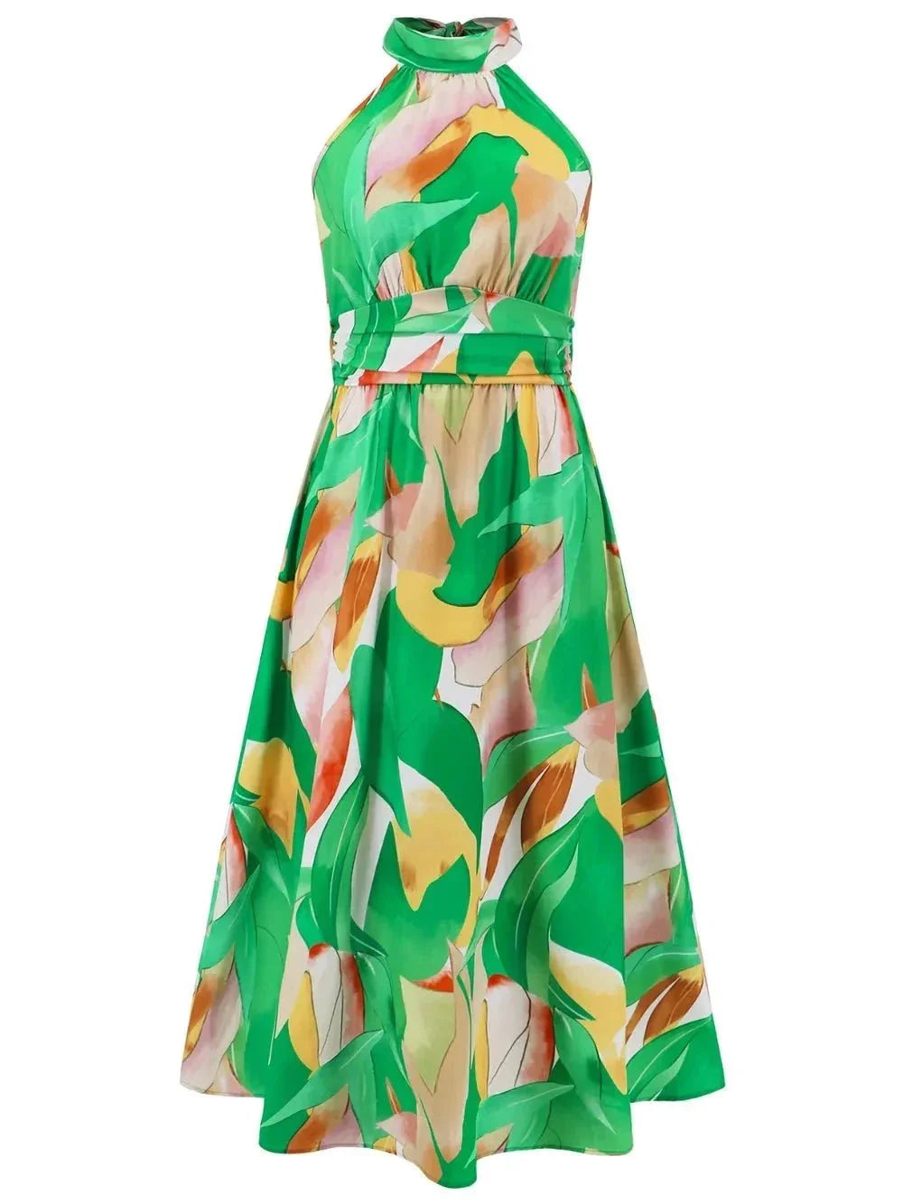 Ruched Printed Halter Neck Dress - VILLA FASHION