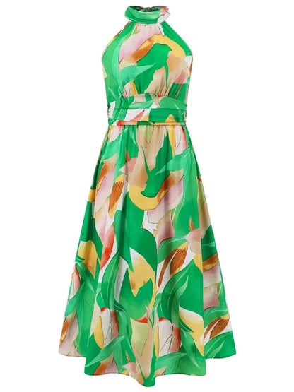 Ruched Printed Halter Neck Dress - VILLA FASHION
