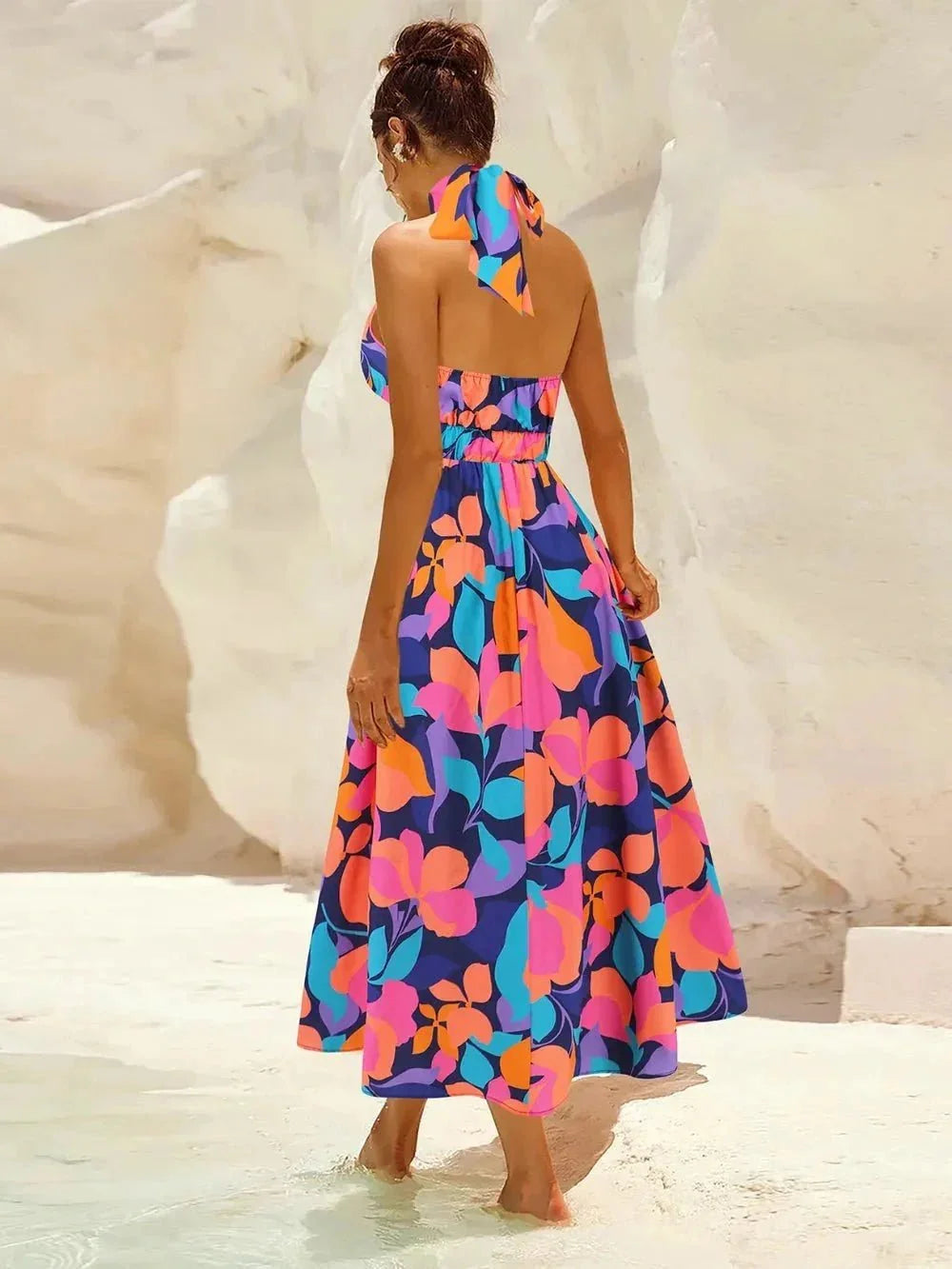 Ruched Printed Halter Neck Dress - VILLA FASHION