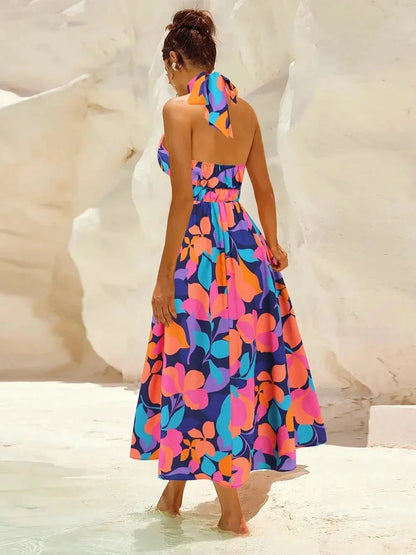Ruched Printed Halter Neck Dress - VILLA FASHION