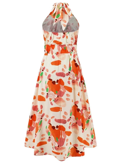Ruched Printed Halter Neck Dress - VILLA FASHION