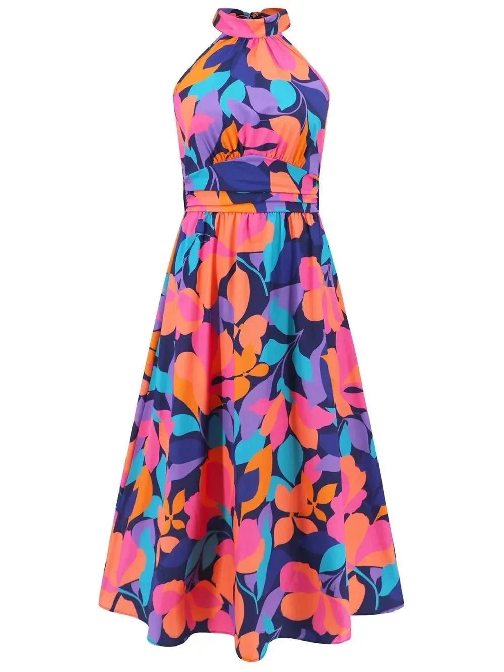 Ruched Printed Halter Neck Dress - VILLA FASHION