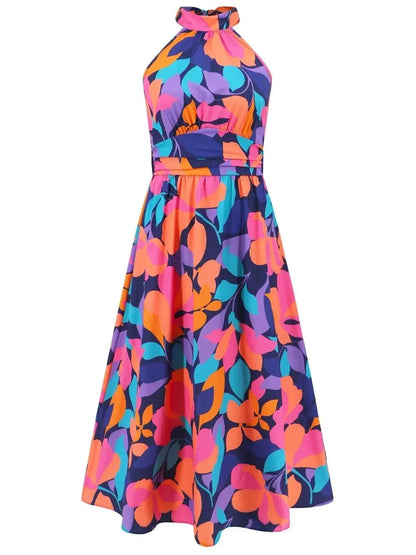 Ruched Printed Halter Neck Dress - VILLA FASHION