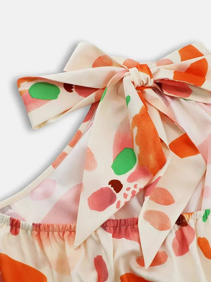 Ruched Printed Halter Neck Dress - VILLA FASHION